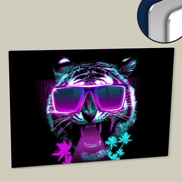 Neon Tiger with Sunglasses Digital Art Wall Poster Printed on HD Metal Print