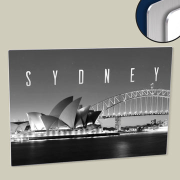 Sydney Opera House and Harbor Bridge Night Poster, Black and White, Printed on HD Metal Panel