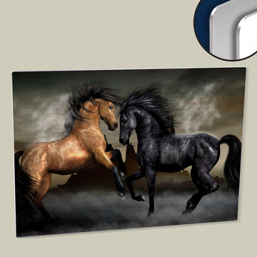 Two Horses, Brown and Black, High-Resolution Poster Printed on HD Metal Panel