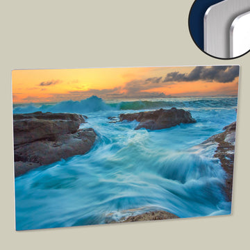 Blue Water Sunset on Rock - Digitally Enhanced High-Res Poster on HD Panel