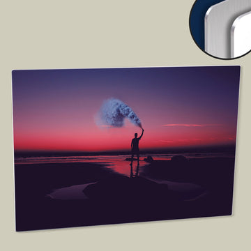 A Silhouette of a Man Holding a Smoke Bomb in A Pinky Sunset - Digitally Enhanced High Resolution Poster Printed on HD Metal Panel