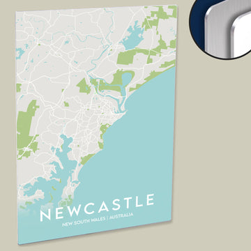 Clean Minimal Style Map Print of Newcastle, New South Wales on HD Metal Panel