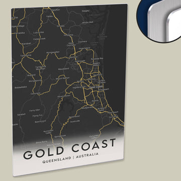 Clean Minimal Style Map Print of Gold Coast, Queensland on HD Metal Panel