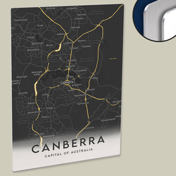 Clean Minimal Style Map Print of Canberra, Capital of Australia on HD Metal Panel