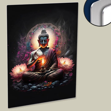 Illuminate Your Space with a Gautama Buddha with Lights & Lotus Printed on HD Metal Panel