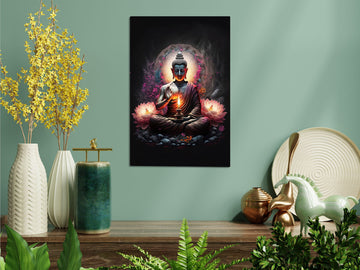 Illuminate Your Space with a Gautama Buddha with Lights & Lotus Printed on HD Metal Panel