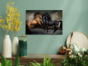 Two Horses, Brown and Black, High-Resolution Poster Printed on HD Metal Panel