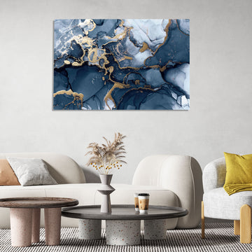 Blue and Gold Fluid Art Printed on HD Metal Panel