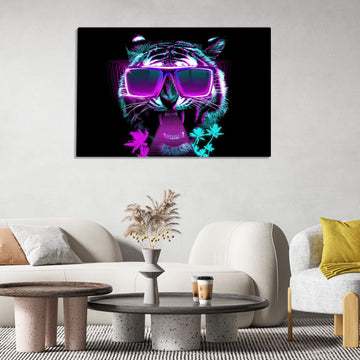 Neon Tiger with Sunglasses Digital Art Wall Poster Printed on HD Metal Print